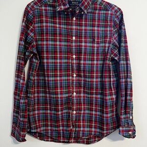 Ralph Lauren Junior's Shirt Red Plaid Button Up Size XL (18-20) Cotton